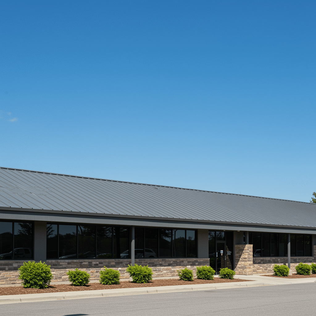Modern commercial building with a flawless, professionally installed roof under a bright blue sky