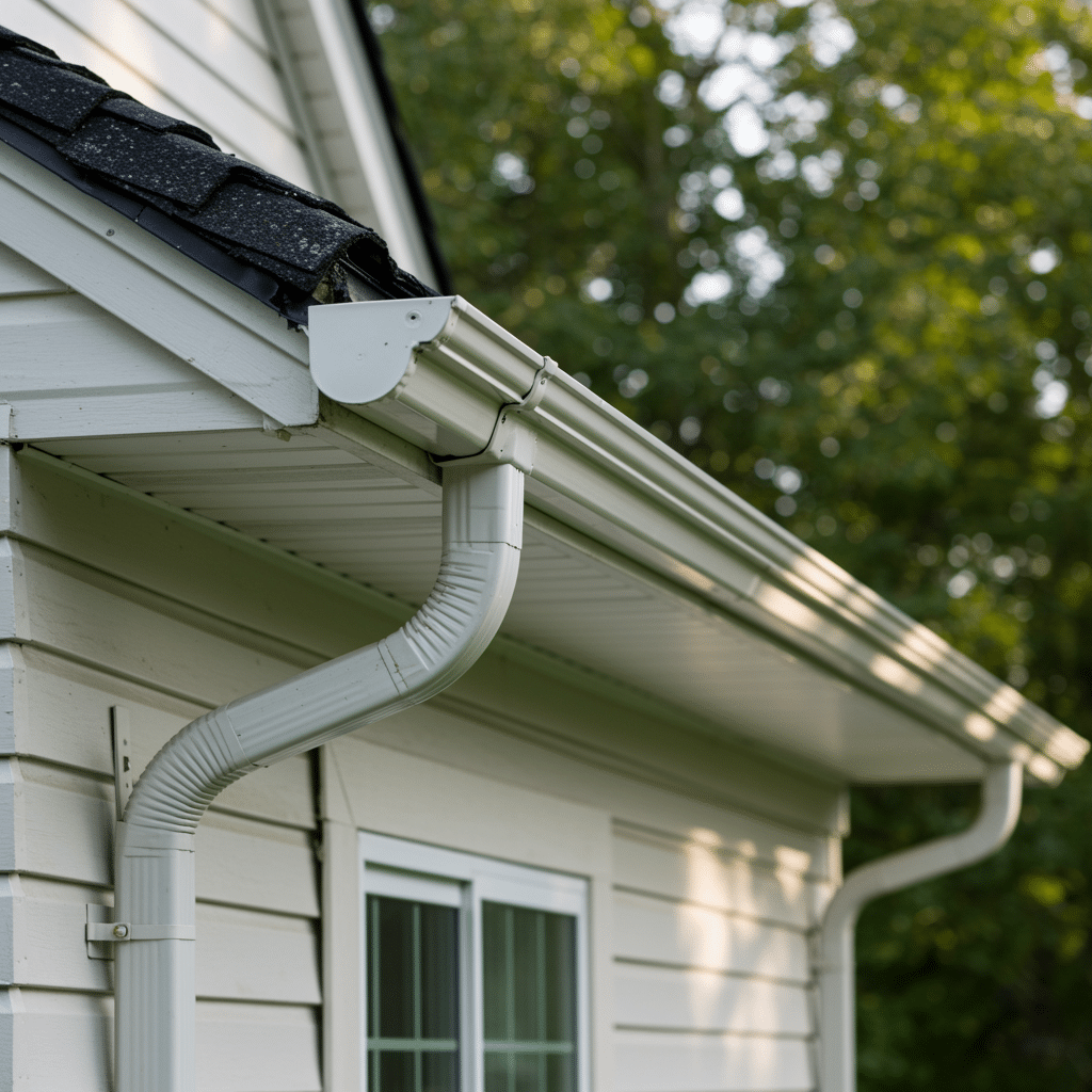 Home with new seamless gutters along the roof, featuring clean lines and modern siding after professional gutter installation