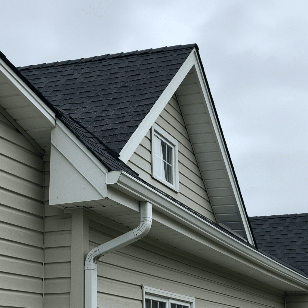 Finished home exterior showing seamless new gutters and clean roof edge after professional gutter installation