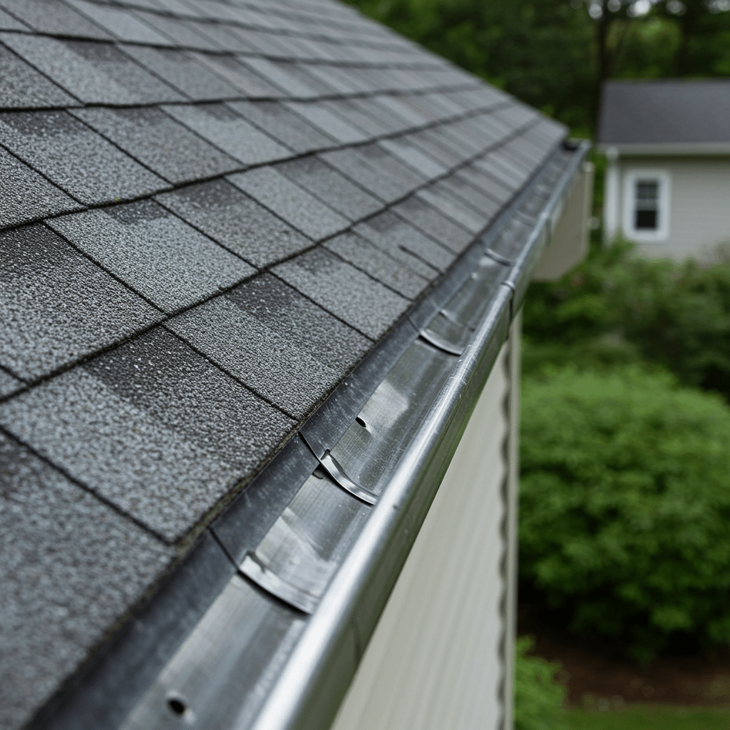 Newly repaired gutter with smooth joints along a modern home roof, clean shingles and siding visible, no people