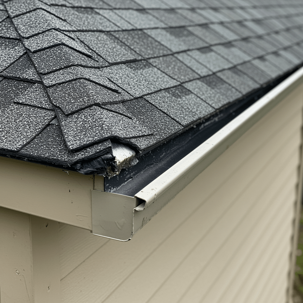 Recently repaired home gutter system with clean lines along a modern residential roof, emphasizing seamless finish and professional roofing service